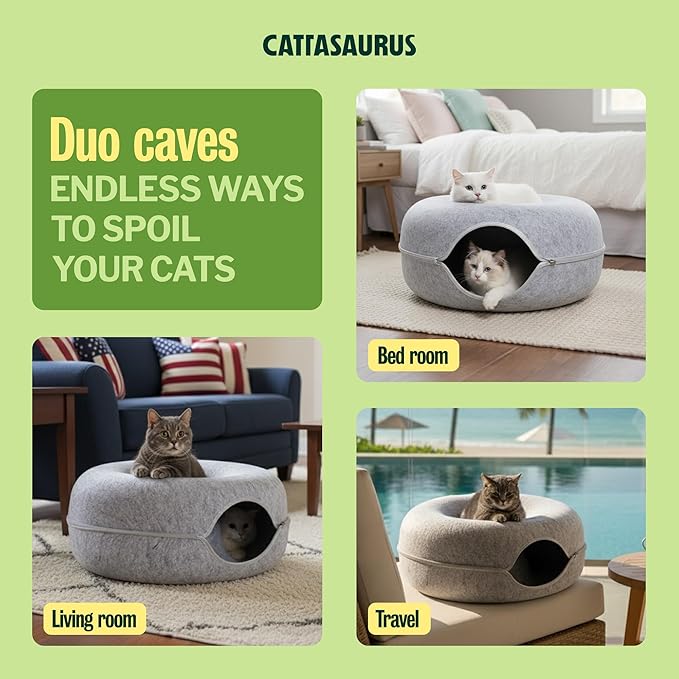 Cattasaurus Peekaboo Cat Cave Donut for Multiple & Large Cats up to 30-45 lbs, 3-in-1 Self Warming Cat Bed, Tunnel & Scratcher for Indoor Cats, Washable & Detachable (Light Gray + Light Gray, Large)