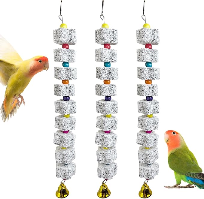PINVNBY 3 Pack Bird Chewing Toy Lava Calcium Bird Beak Grinding Stone with Bell Hanging Parakeet Cage Accessories for Parrots Budgies Cockatiels African Grey (9 Block Per String)