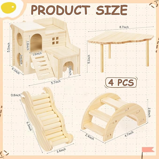 BreezeHug 4 Pcs Hamster Platform Hideout Wooden Tunnel Ladder Playhouse Hamster Game Climbing Toy with Platform Cage Accessories for Pets Dwarf Syrian Mice Degus Gerbils Squirrel(Villa)