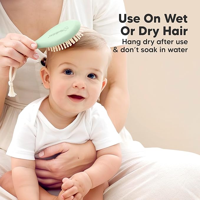Baby Hair Brush Set for Newborns - Soft Goat Bristle Wooden Baby Brush and Comb Set Newborn Grooming Kit for Cradle Cap, Durable & Gentle, Boy, Girl Infant Essentials Care Kit (Regular, Sage)