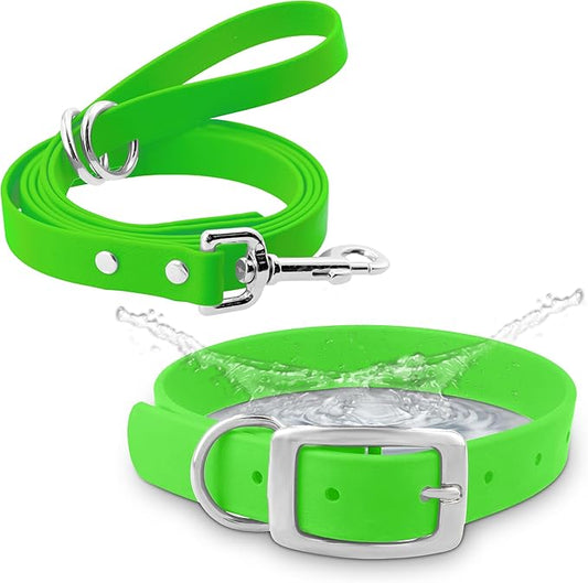 Regal Dog Products Medium Light Green Waterproof Dog Collar and Leash Set | Heavy Duty Double Buckle & D Ring - 5'ft Leash | Adjustable Biothane Dog Collar | Chew Resistant Waterproof Collar for Dogs