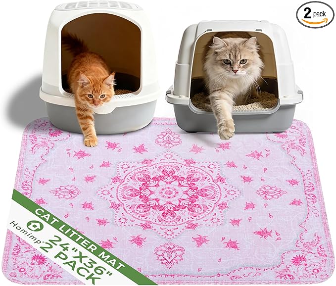 Homimp Cat Litter Mat, Litter Trapping Mat 2 Pack, Contains Mess from Box, Protects Floors,Urine Waterproof,Non-slip,Less Waste Cat Litter Box Mat,Soft on Kitty’s Paws,Washable,Absorbent,Pink 24"X36"