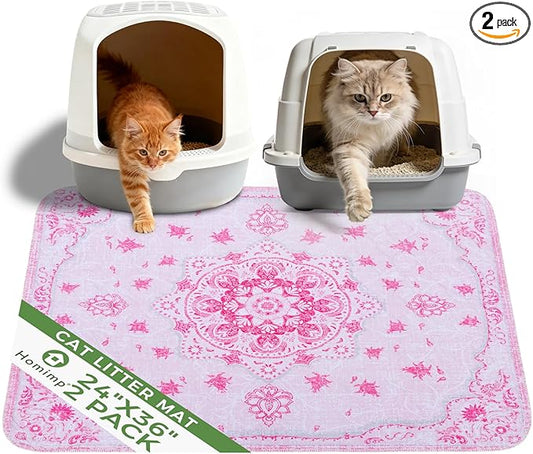 Homimp Cat Litter Mat, Litter Trapping Mat 2 Pack, Contains Mess from Box, Protects Floors,Urine Waterproof,Non-slip,Less Waste Cat Litter Box Mat,Soft on Kitty’s Paws,Washable,Absorbent,Pink 24"X36"