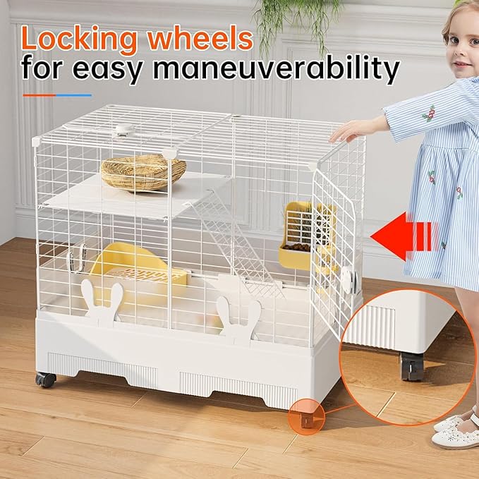 Oneluck Rabbit Cage Indoor,Loft Bunny Hutch with Urine-Proof Wall,Leak-Proof Trays, Wheels 28.7" L x 18.1" W x 25.6" H for Rabbits Chinchillas, Guinea Pig and Small Animal (Small)