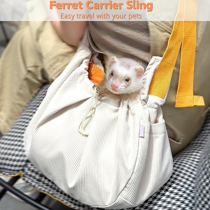 Ferret Sling Carrier - Pet Carrying Bag with Adjustable Strap Hands Free Shoulder Bag Crossbody Travel Slings Soft Small Animal Bonding Pouch Front Backpack for Ferret Rabbit Puppy Kitten (Beige)