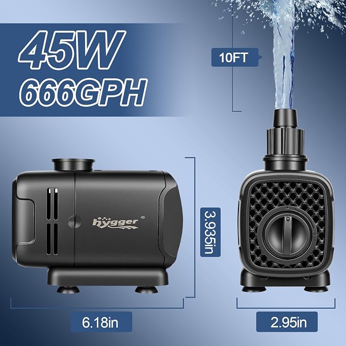 hygger 2-in-1 666GPH Submersible Pump 45W,Side and Bottom Suction Fountain Water Pump with 9.8ft High Lift,Quick Water Change with 4 Interchangeable Nozzles for Aquarium, Fish Tank, Hydroponics,Pond