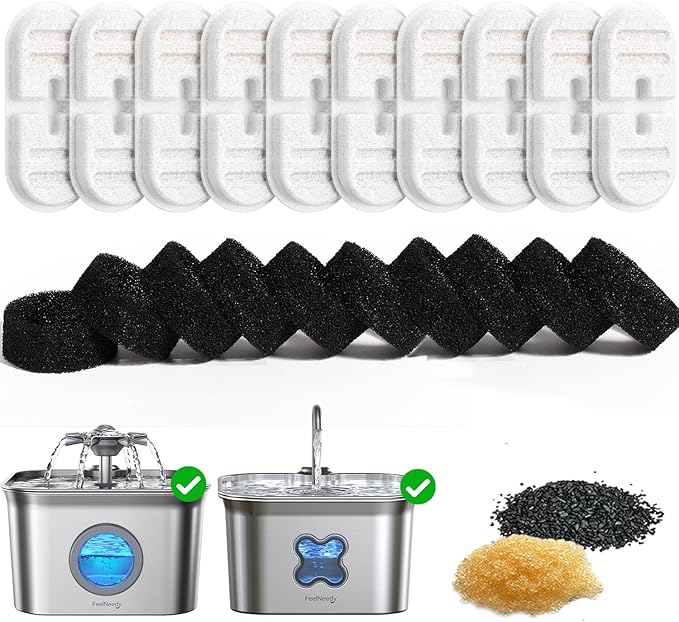 10 Pack New Version Replacement Filters + 10 Pump Sponges for Feelneedy Stainless Steel Cat Water Fountain [FN-W22]/[FN-W22X] - 99oz/2.8L Pet Water Fountain Filters