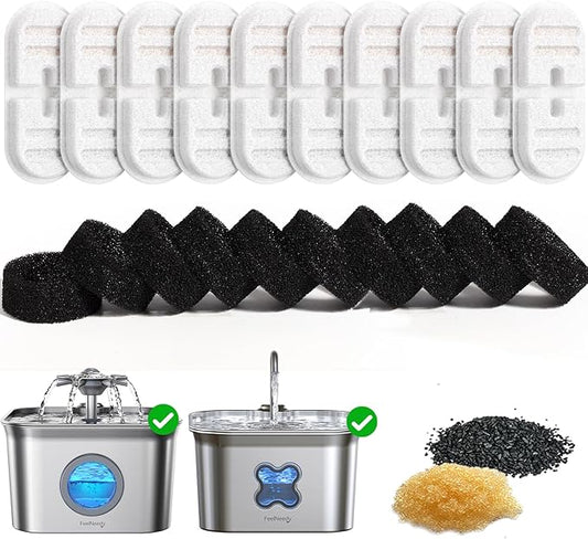 10 Pack New Version Replacement Filters + 10 Pump Sponges for Feelneedy Stainless Steel Cat Water Fountain [FN-W22]/[FN-W22X] - 99oz/2.8L Pet Water Fountain Filters