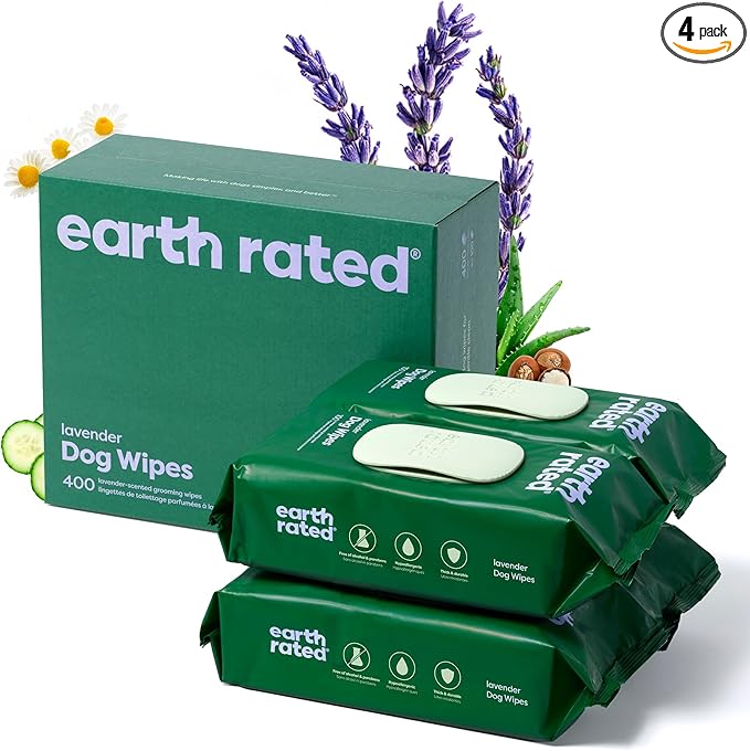 Earth Rated Dog Wipes, Hypoallergenic, Cleaning and Hydrating, for Grooming Paws, Body and Butt, Lavender Scented, 400 Count