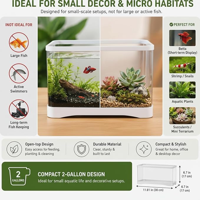 Geelin 2 Gallon Plastic Rectangular Fish Tank, Aquarium for Betta Fish Reptiles Succulents Flower Centerpiece, Shatterproof with Clear Clarity for Home Office Desktop Decors (White)