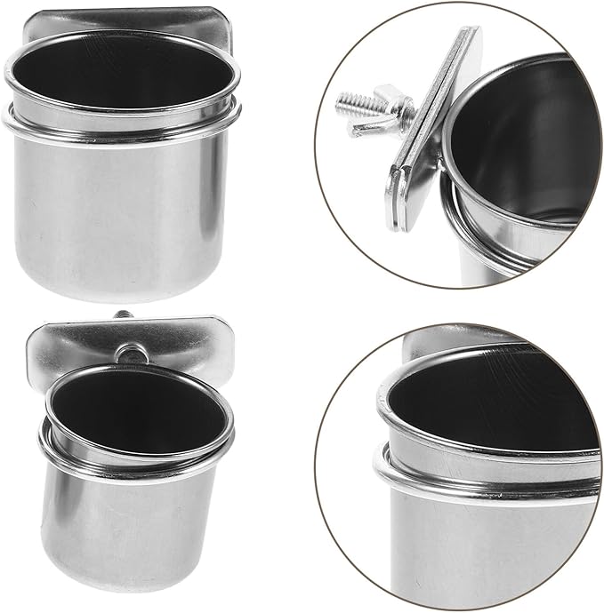 GLEAVI 2pcs Stainless Steel Bird Food Bowls with Clamp Holder, 4.4cm 5.5cm Coop Cup Bird Feeder for Parrot Cage Accessories, Suitable for Cockatiel Budgie Parakeet Feeding