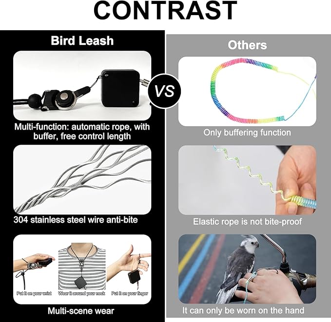 Retractable Bird Leash,Parrot Flying Rope,Anti-Bite Wire Rope Parrot Leash,Adjustable Bird Harness for Training,with 5pcs Alloy Foot Rings,for Budgies,Cockatiels,Crested Cockatoo,Macaws,20ft
