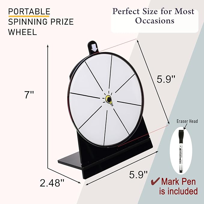 Iobiotio Spinning Prize Wheel, 6 inch Wheel-Spinning Wheel for Prizes with Stand, 6,8,10 Slots Color Small Tabletop Roulette Spinner, Easy Assembly and Erasable, Portable