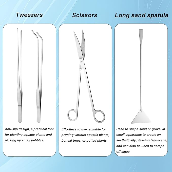 7 Pcs Aquarium Aquascape Tools Kit, Stainless Steel Aquatic Plant Aquascaping Set with Straight/Curved Long Tweezers Scissors Spatula Algae Scraper & 2 Replacement Heads Fish Tank Cleaning Kit