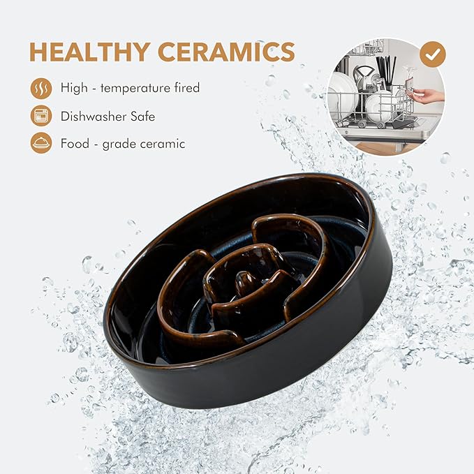 Havniva Elevated Slow Feeder Dog Bowls, 1.6 Cups Raised Ceramic Dog Food Bowls with Acacia Wood Stand, 8.2 inch Slow Feeder for Medium Dogs Puzzle Bowls for Fast Eater Anti-Choking