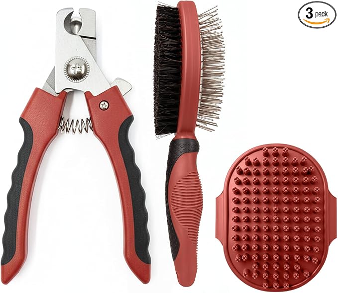PM Pet Grooming Tools for Dogs & Cats- Safe On Skin Easy To Use Dog Grooming Kit with Ergonomic, Non-Slip Handle– Includes Pet Nail Clippers, 2-in-1 Slicker Brush & Hand-Held Bath Brush- Paw Mountain