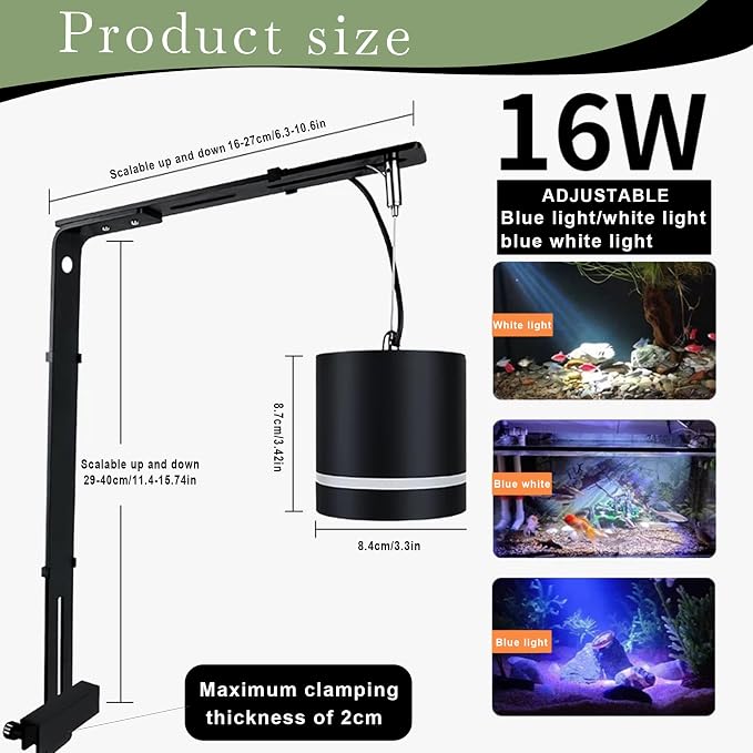 LIYAOLI LED Aquarium Light - Clip On Full Spectrum Fish Tank Light with Adjustable Height for Planted Tanks, Coral Reef, Saltwater/Freshwater, 3 Color Modes - White/Blue/Combo (Black)