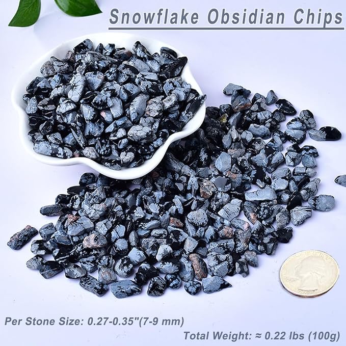 Erliway 100g Natural Snowflake Obsidian Crystal Chips 7-9mm Tumbled Stones | Small Crushed Crystal Stone, Polished Crystals Chips for Fish Tank, Healing Tumbled Rocks for Reiki Jewelry Making Home Décor