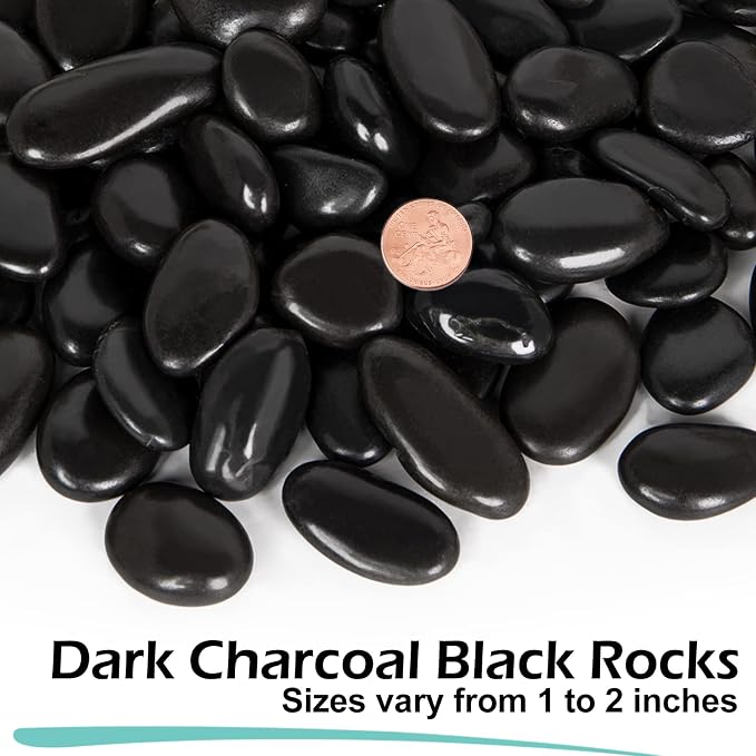 15 lb Black River Rocks for Landscaping, Polished Black Pebbles for Potted Plants & Vases, Large 1-2 Inch Decorative Stones for Garden Beds, Planters & Aquariums Decor