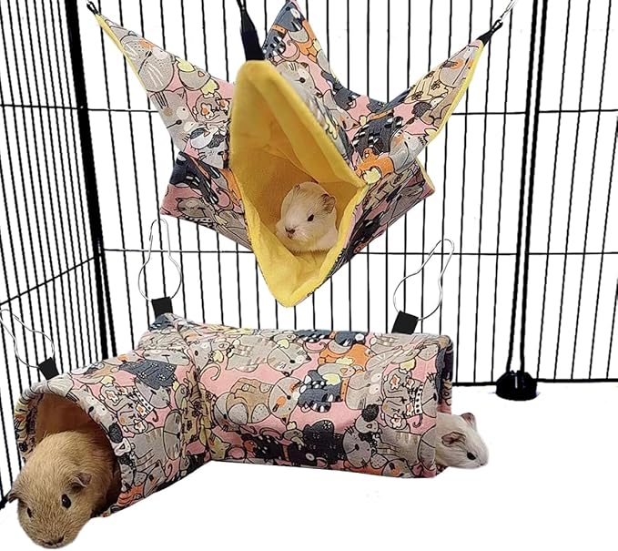 Guinea Pig Rat Tunnel Ferret Hammock, Small Animal Corner Tunnel & Tubes & Bed for Hedgehog Piggy Chinchilla Hideout Toys and Cage Accessories (3.Hammock&Tunnel, Pink cat)