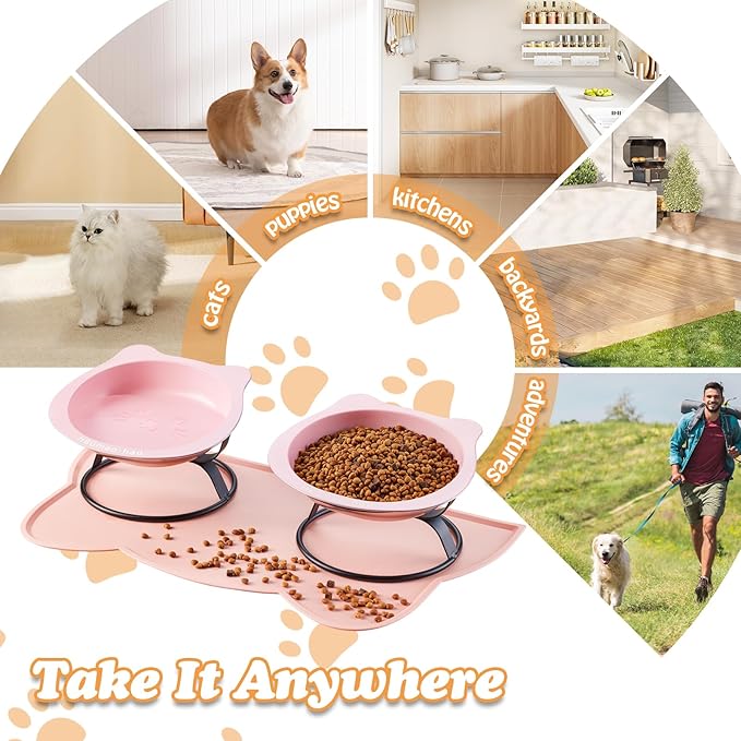 Elevated Cat Bowls with Food Mat & Metal Stand - 7.1" Wide Stainless Steel Whisker Friendly Dishes, 15° Tilt for Cats/Kittens/Small Dogs, Indoor/Outdoor & Travel Use (2-Pack) HBGmao-hao (Pink)