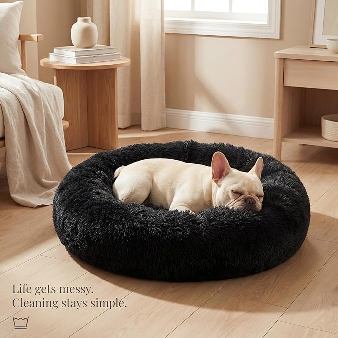 Calming Donut Dogs Beds for Medium Dogs up to 45 lb,30inch Anti-Slip Plush Round Dog Bed with Raised Rim,Fluffy Faux Fur Pet Bed for Cozy Sleep,Black