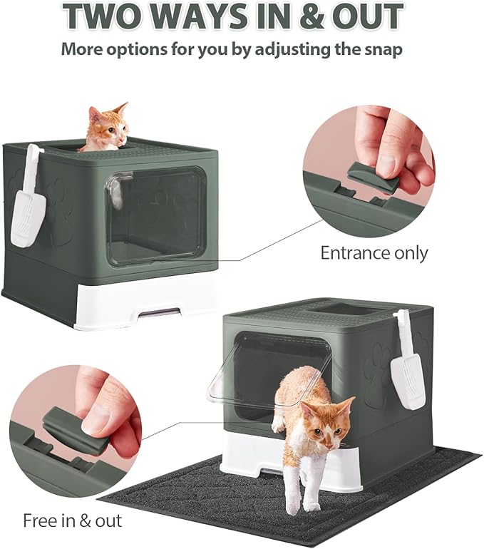 Medario Cat Litter Box with X-Large Litter Mat and Scoop, Large Covered Litter Box with Lid, Enclosed Kitty Box,Front Top Entry Exit, Odor Control Easy to Clean (Upgrade Olive Green)