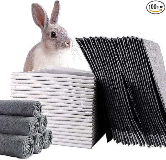 PINVNBY Rabbit Pee Pads,100 Pieces Disposable Cage Liners Black Carbon Super Absorbent Odor-Control,Bunny Potty Training Pad with Quick-Dry Surface for Cat Puppy Kitten Hamsters Chinchillas
