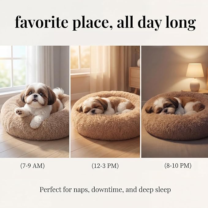 Calming Donut Dogs Beds for Small Dogs Washable,23inch Plush Round Pet Bed for Cozy Sleep,Fluffy Faux Fur Large Cat Bed,Fits up to 25 lbs Pets,Camel