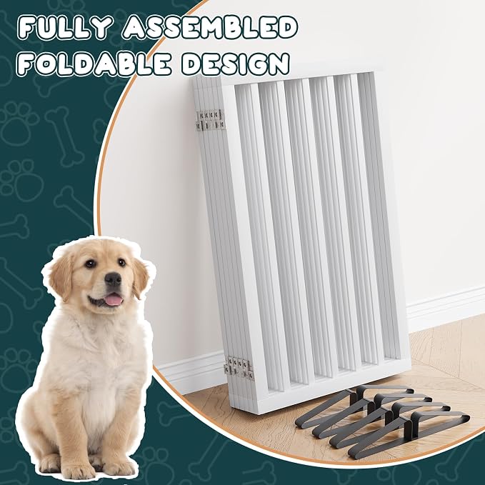 Freestanding Extra Wide Dog Gate Indoor, 6-Panel Wooden Pet Gate with 2 Metal Stands and 360°Hinge, Tall Dog Gates for Doorways, Stairs, Doorways, Kitchen, Foldable Safety Fence, 110"W x 32"H - White