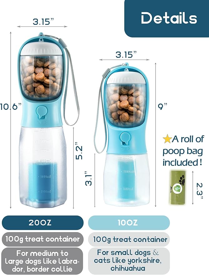 Portable Water Bottle for Small Dogs, 3 in 1 Animal Pet Travel Bowl Dispenser with Food Treat Container & Poop Bag Holder, Summer Hiking Walking Accessories for Puppy On The Go - Pink, 10oz