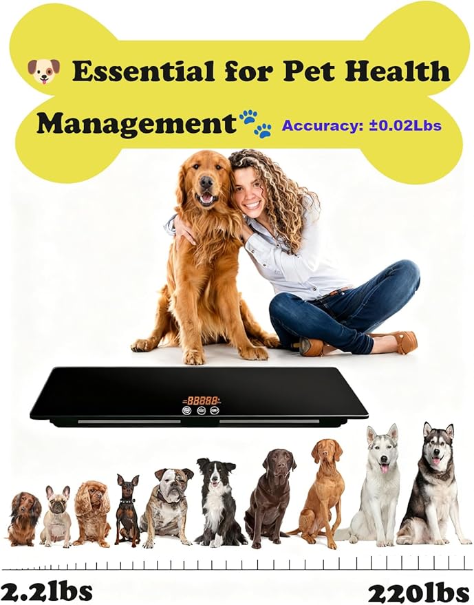 ONE-MI Dog Scales for Large Breed - Heavy Duty 220 Pounds Large Pet Digital Veterinarian Scale, Precision ±0.02lb, Tempered Glass Platform for Animals Packages Luggage, L(25.5inches), Black