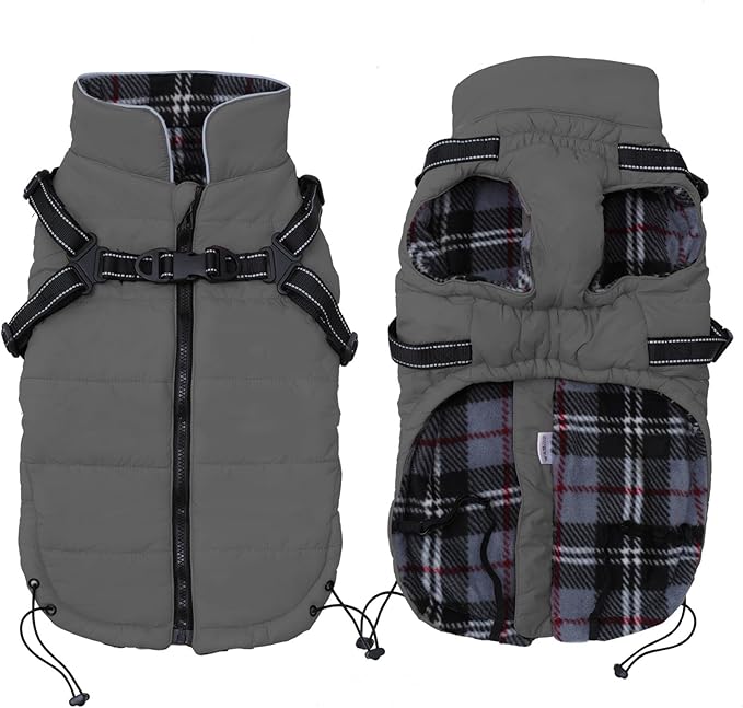 Geyecete Winter Warm Coat Waterproof Dog Jacket with Harness Traction Belt, Pet Outdoor Jacket Dog Autumn and Winter Clothes - Gray - XXL
