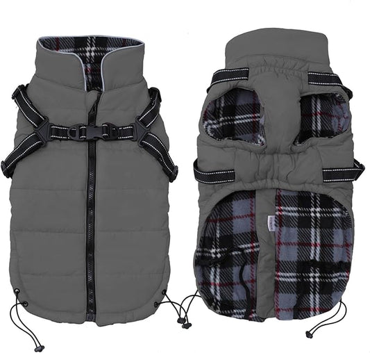 Geyecete Warm Waterproof Dog Coat With Harness Traction Belt - Pet Outdoor Autumn and Winter Jacket for Medium, Small Dogs - Gray - S