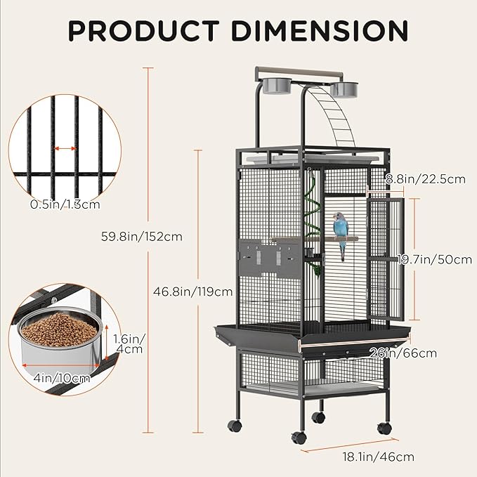 GarveeLife Large Bird Cage 60-inch Playtop Metal Bird Cages with Rolling Stands, Feed Bowls for Parakeets, Conures, Parrot Cage for Medium Large Parrot Cage with Slide-Out Tray Seed Guard, Black