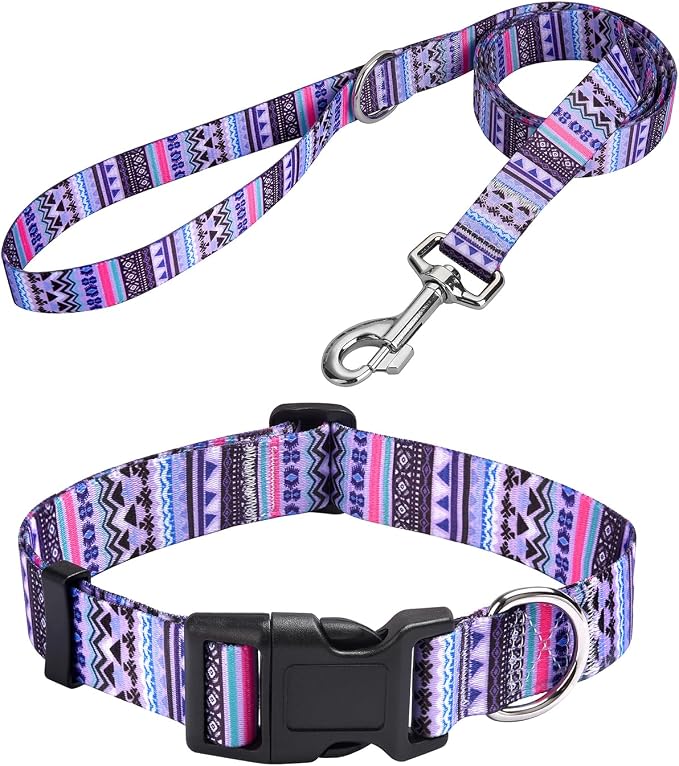 MarukoPet Dog Collar and Leash Set, Adjustable for Small Medium Large Dogs Puppy, Cute Design with Bohemia Floral Tribal Geometric Patterns Boys Girls Dog Collar(Purple Bohemia Set,M)