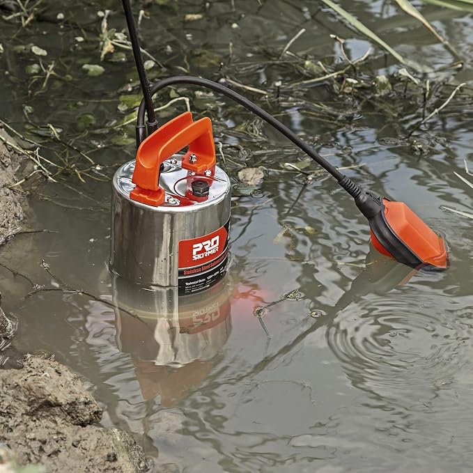 Prostormer 1HP 3700GPH Clean/Dirty Stainless Steel Submersible Sump Pump | Water Pump with Float Switch, Fresh/Mains/Pool Water, Orange