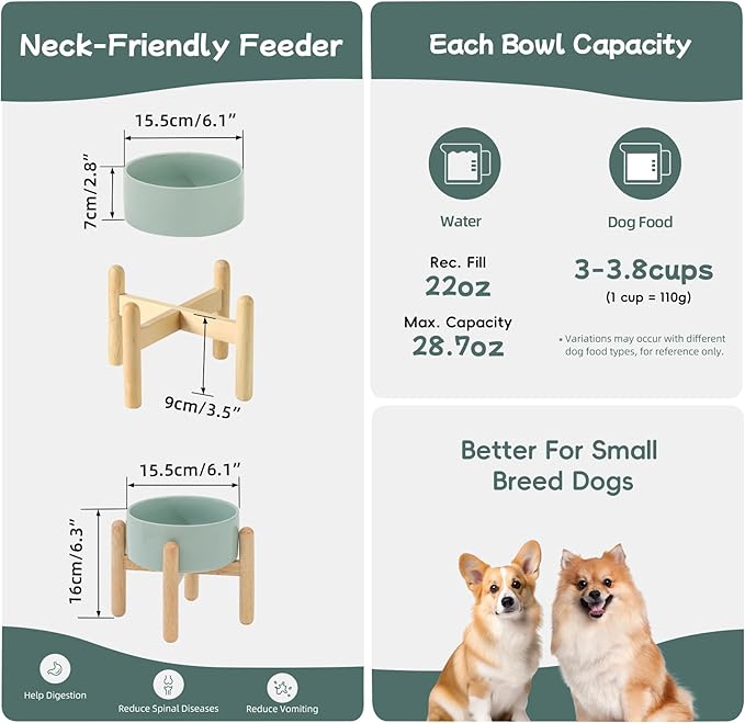 Havniva Ceramic 6.1inch Raised Dog Bowl with Stand for Small and Medium Dog Dish Pet Food and Water Bowl (Single Bowl with Stand - Light Green)