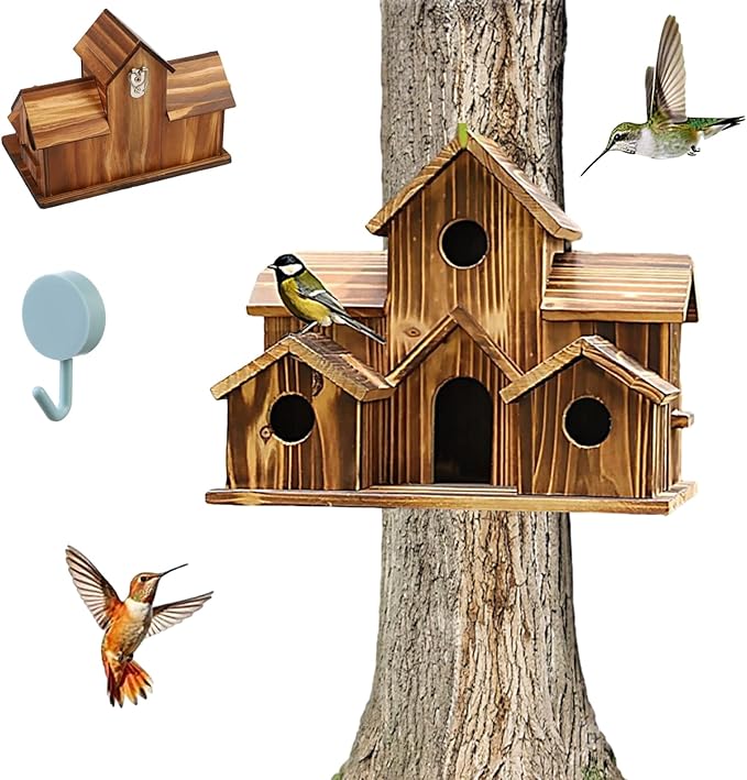 6 Hole Handmade Bird House, Bird Houses for Outside, Hummingbird House, Hanging Nest Box for Birds, Outdoor Wooden Birdhouses for Outside, Backyard, Garden, Patio, Nature Lovers Gift (1pcs)