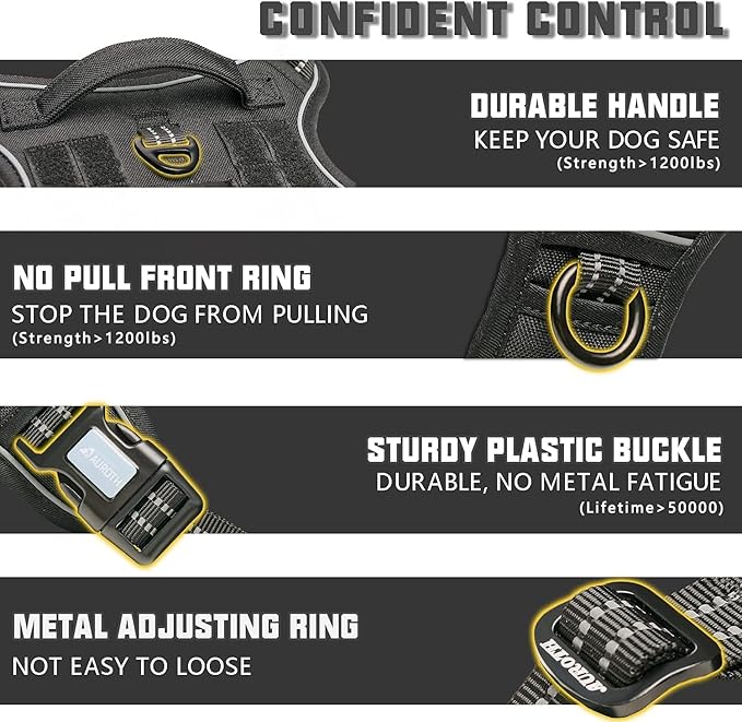 Auroth Tactical Dog Harness for Large Dogs No Pull Adjustable Pet Harness Reflective K9 Working Training Easy Control Pet Vest Military Service Dog Harnesses Black XL