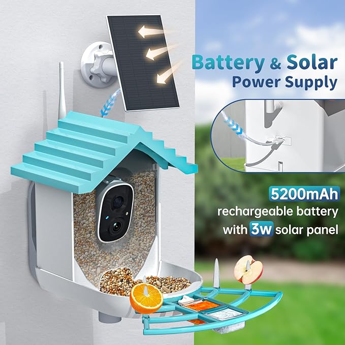 Smart Bird Feeder with Camera Solar Powered & AI Bi rd Identification, 2.4Ghz WiFi Bird feeders for Outdoors, 2K Live Video, Instant Arrival Alerts - Blue