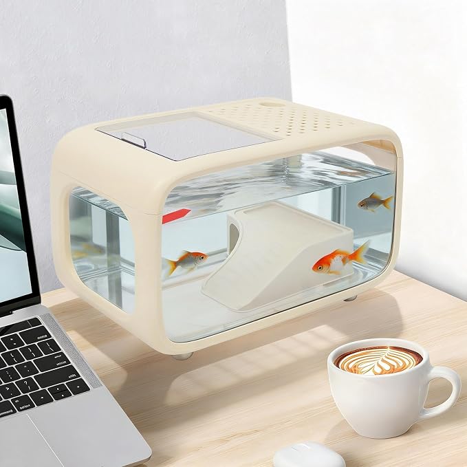 3.2 Gallon Desktop Fish Tank Aquarium Kit for Aquatic Animals | with Top Feeding Hole, High-Clarity Fish Bowl for Shrimp Guppy Goldfish Turtle, 15.7"L x 8.9"W x 10"H, White