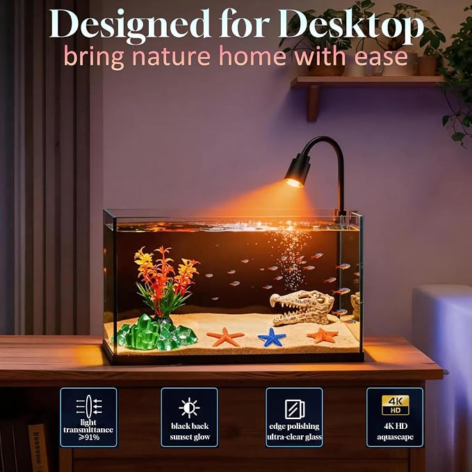 Ultra-Clear Glass Rimless Black Small Fish Tank Kit | 2Gal Nano Desktop Fish Tank with Light Cleaning Tool & Décors,Small Fish Aquarium for Betta,Shrimp,Small Fish