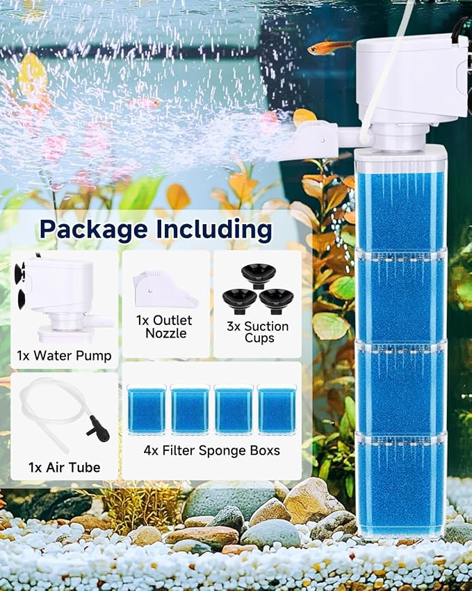 fishkeeper 4-in-1 Mutil Stage Aquarium Power Filter, 6W/8W/13W, 20-100Gal | Quiet Submersible Fish Tank Filter with Filtration/Bubbler/Oxygenation/Wavemaker Function, Adjustable Air Flow, Sponge Filter