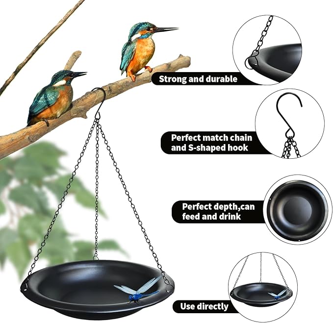 Hanging Bird Bath Outdoor 11.5" Metal Bowl with 15.5 in Rust-Proof Chains,Weather-Resistant Garden Birdbath with Magnetic Dragonfly for Backyard Decor,Matte Black