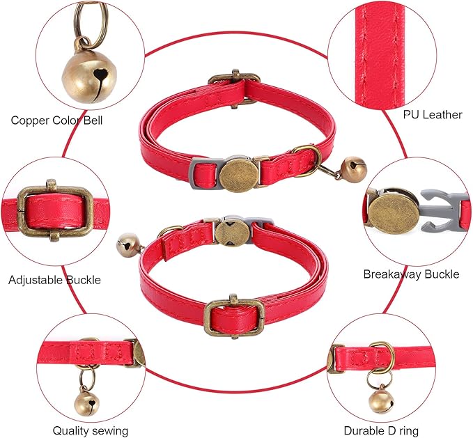 salbsever Red Cat Collar, Breakaway Leather Cat Collar Adjustable Red Kitten Collars with Bell Quick Release Buckle for Most Cats and Kittens