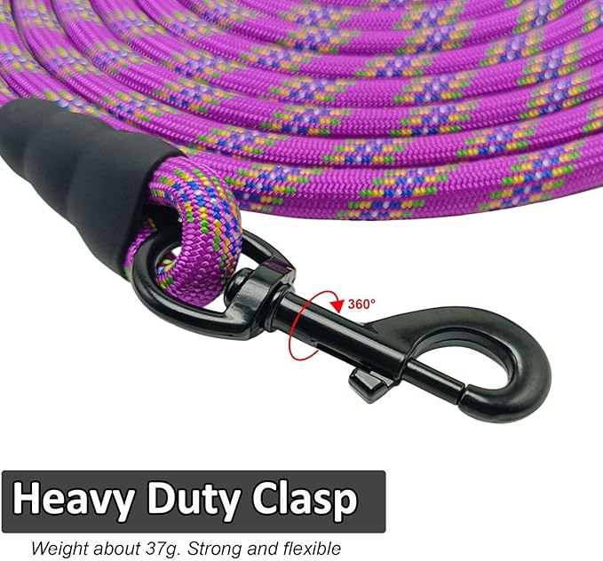 MayPaw Heavy Duty Rope Dog Leash, 6/8/10/15/20/30 FT Long Dog Leash Nylon Pet Lead, Soft Padded Handle Thick Lead Leashes for Large Medium Dogs Training (15ft * 1/2", Purple)