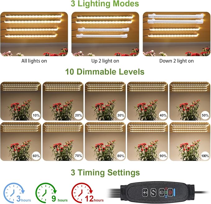 8.6'' LED Grow Light Strips, Full Spectrum 3500K Grow Lights for Indoor Plants, 4 Head with 3/9/12H Timer, 10 Dimmable Levels, Suitable for Seedling, Succulent, Plant Shelf and Greenhouse, 1-Pack