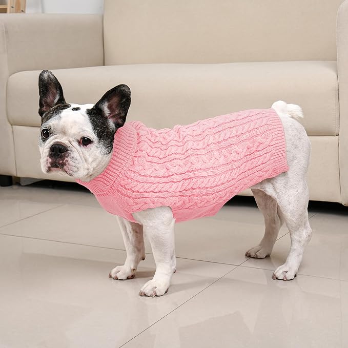 2 Pack Dog Sweaters for Medium Dogs Winter Turtleneck Pullover Cable Knit Fleece Stretch Frenchie Dachshund Pug Corgi Beagle Boy Girl Pet Clothes (L, Pink & Purple)