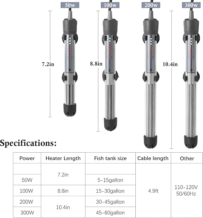 100W Submersible Aquarium Heater, Adjustable Temperature for Fish Turtle Tank with Suction Cup Mounting